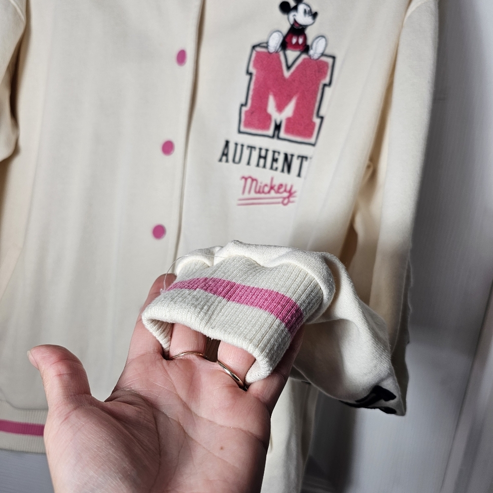 DISNEY MICKEY MOUSE XL Bomber Varsity Embroidered Jacket Pink Ivory Buttoned - Picture 8 of 13